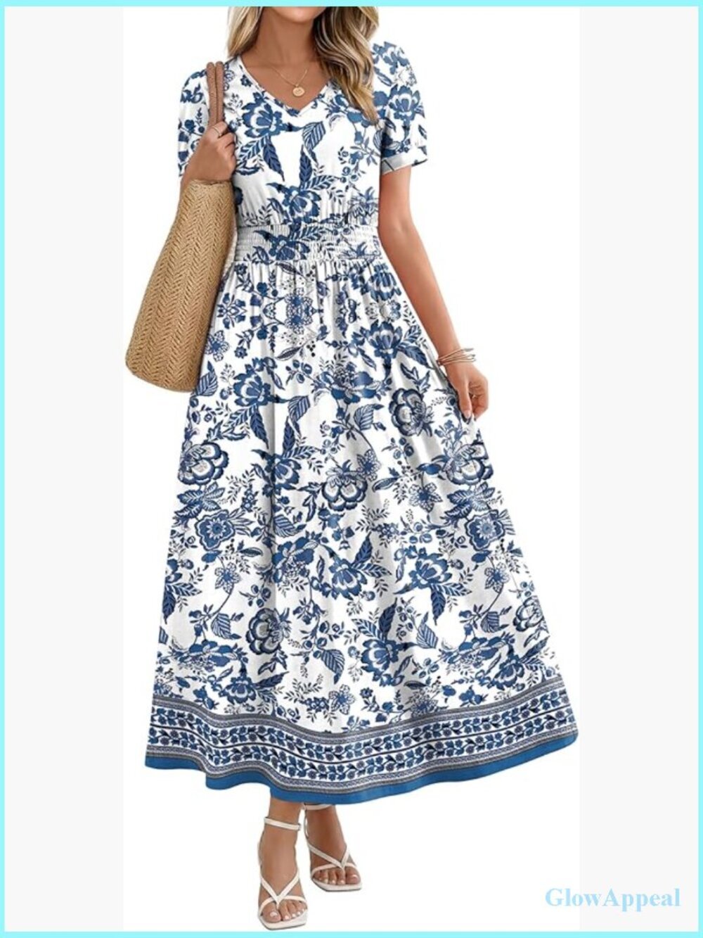 Maxi Dress V Neck A-Line Smocked Waist Midi Long Dress Boho Casual Summer